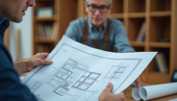 Kiến trúc sư đang đọc bản vẽ thiết kế đồ gỗ nội thất